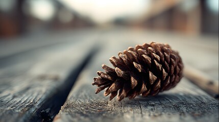 Close-up of a single pine cone resting on a rustic wooden surface, showcasing natural textures and warm tones.