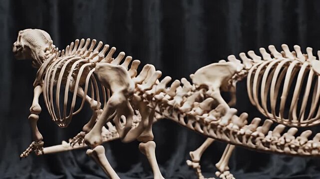 Detailed Full Body Skeleton of a Canine Animal in a Museum Display Against a Dark Backdrop