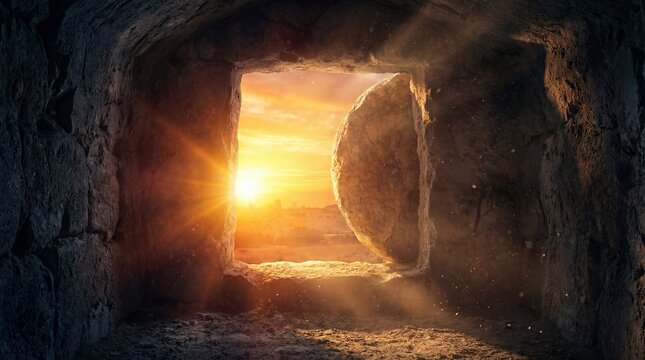 Jesus is risen. Empty tomb entrance looking out to sunrise