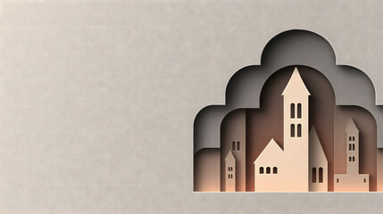 Fototapeta premium A stylized illustration of a church and buildings in a layered, abstract landscape Easter Day