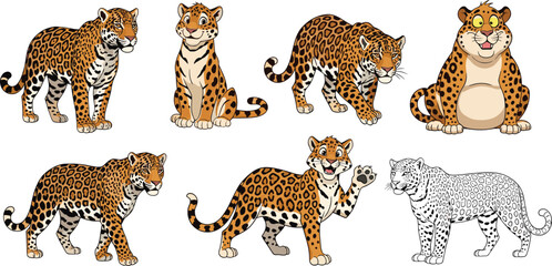 Leopard character collection in different poses including cartoon and outline styles isolated on white background © Sumon Creative