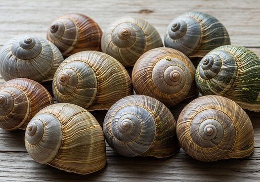 Collection of assorted snail shells on wooden surface