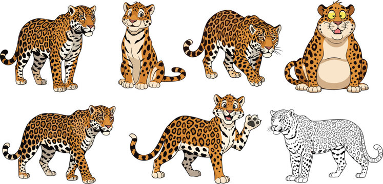Leopard character collection in different poses including cartoon and outline styles isolated on white background
