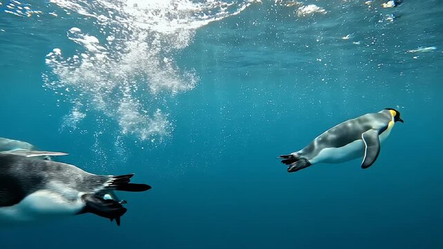 Underwater footage of king penguins swimming gracefully in the clear blue ocean.