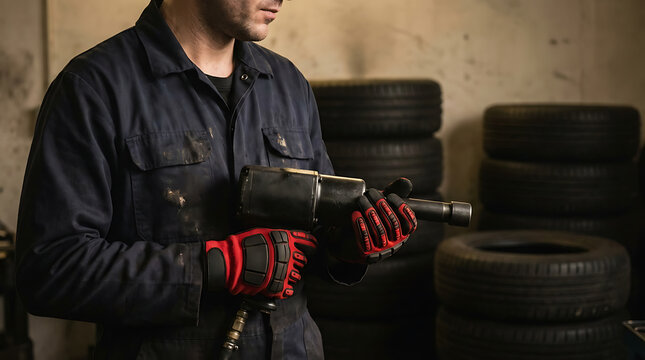 Mechanic working with power tool in garage with tires