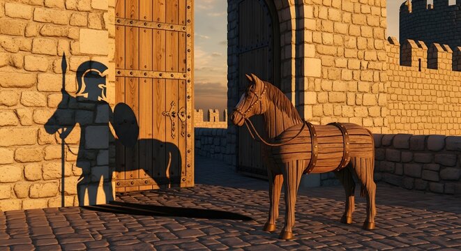 Metaphorical 3D illustration of the Trojan horse standing before a castle gate, casting a shadow of a Greek soldier with a spear and shield, symbolizing deception, strategy, and warfare