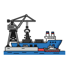 Cargo ship being loaded with coal by a large crane at a port.