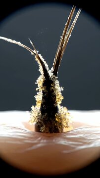 Extreme close-up of a mosquito proboscis emerging from human skin with detailed texture and golden particles against a dark background, macro