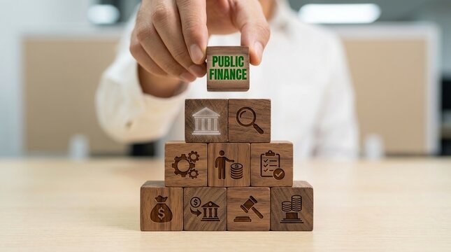 Public finance, government budget, fiscal policy, economic management, public sector, financial administration, investment planning concept with hand stacking wooden blocks.