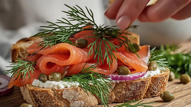 Close up of smoked salmon toast with fresh dill and capers
