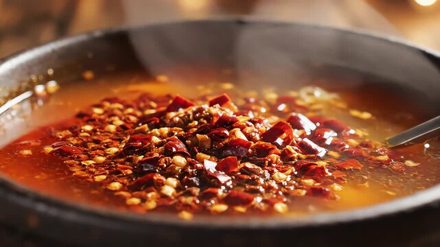 Close up of spicy chili oil in a rustic bowl with steam