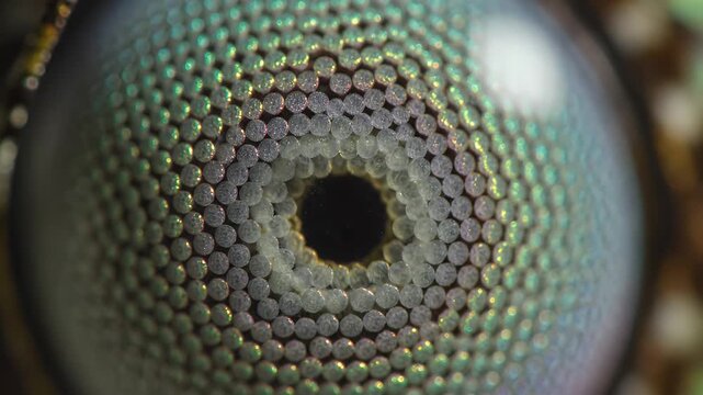 Extreme Macro View of Intricate Insect Eye Structure Showing Detailed Compound Facets Reflecting Iridescent Colors and Natural Textures
