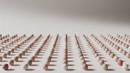 Obraz premium Large Group of Fresh Brown and White Eggs in Organized Rows on Neutral Background