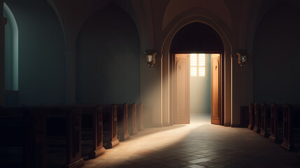 Fototapeta premium A serene and peaceful interior of an old building with an open door leading to a bright and vibrant space Easter Day
