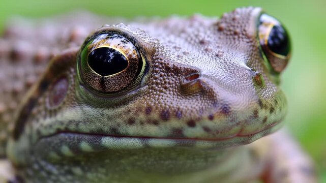Closeup of a vibrant green frog with striking eyes perched on lush green moss showcasing its textured skin and natural habitat in a detailed and captivating shot.