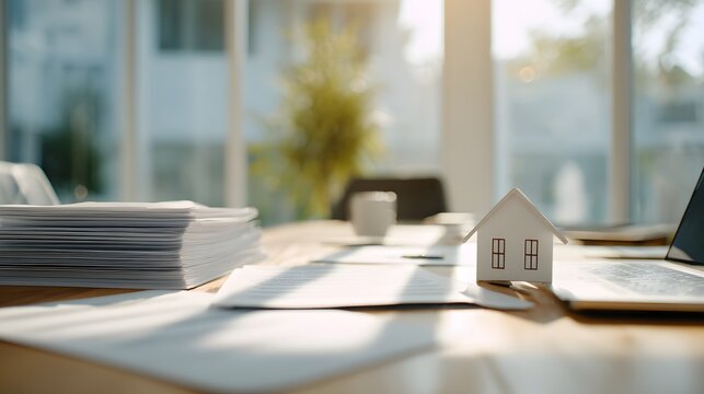 Miniature house model on a wooden desk with documents and laptop, representing real estate and property investment.