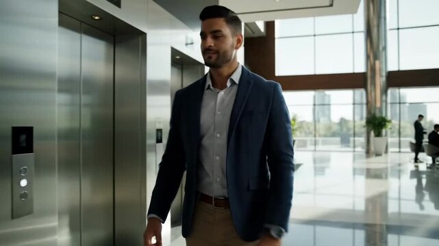 Confident businessman exiting elevator in modern office building lobby.