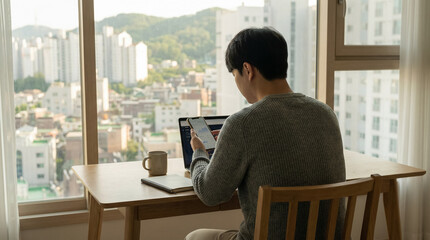 Man Checking Financial Data on Smartphone and Laptop at Home Desk