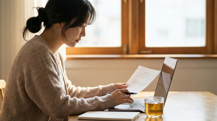 Woman Reviewing Document and Working on Laptop with Tea at Home