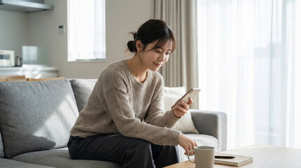 Woman Checking Smartphone While Holding Coffee in Cozy Living Space