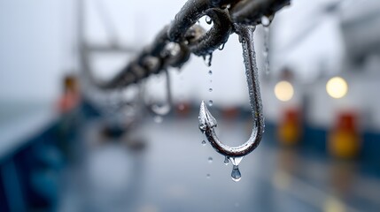 Fototapeta premium Close-up of fishing hooks with water droplets, reflecting a blurred background of a boat deck.
