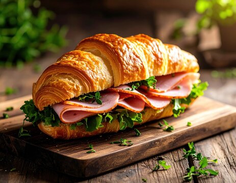 Freshly baked golden croissant filled with sliced ham lettuce and herbs on rustic wooden board ready to serve breakfast or snack time