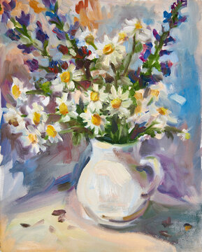 Wildflowers in a white jug. Oil painting on canvas.