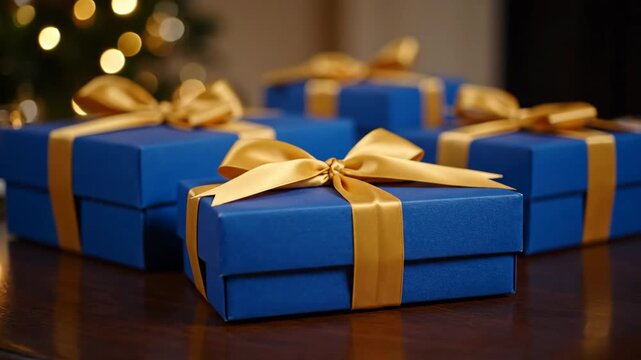 Blue Gift Boxes with Gold Ribbons - This video shows multiple blue gift boxes tied with gold satin ribbons arranged on a dark wooden surface.