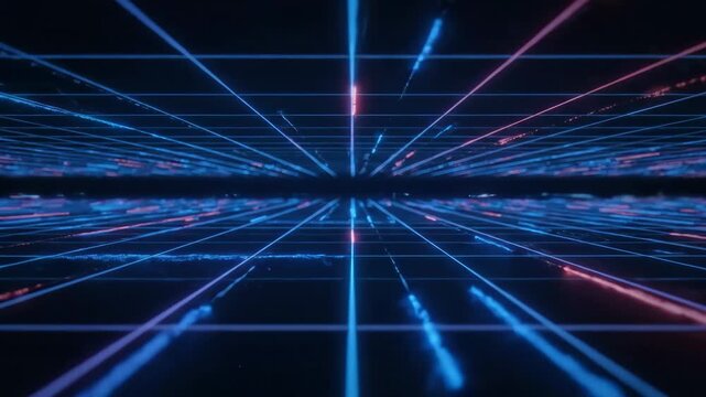 Neon Grid Perspective - This video shows a neon grid receding into the distance. The grid consists of bright blue horizontal and vertical lines, with red and pink diagonal streaks.