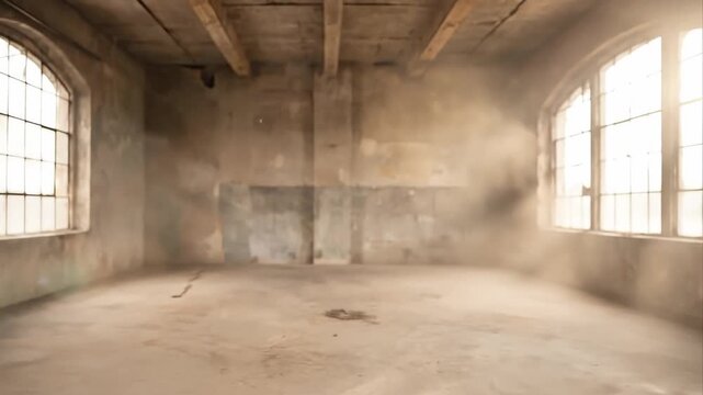 Empty industrial loft room with arched windows and rustic beams.
