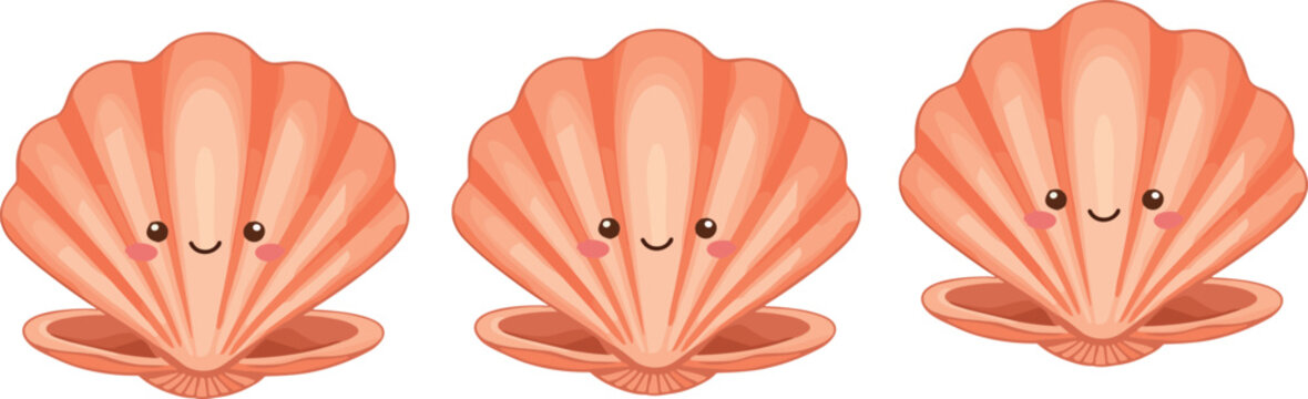 Cute seashell mascot character collection smiling shell cartoon vector illustration marine animal design set