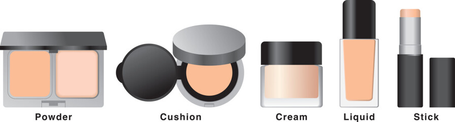 ファンデーションの種類セット（パウダー・クッション・クリーム・リキッド・スティック）