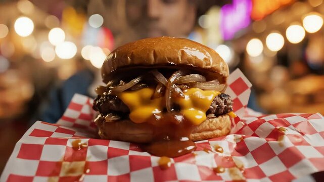 Close up of a person holding a burger with cheese on red and white checkered paper