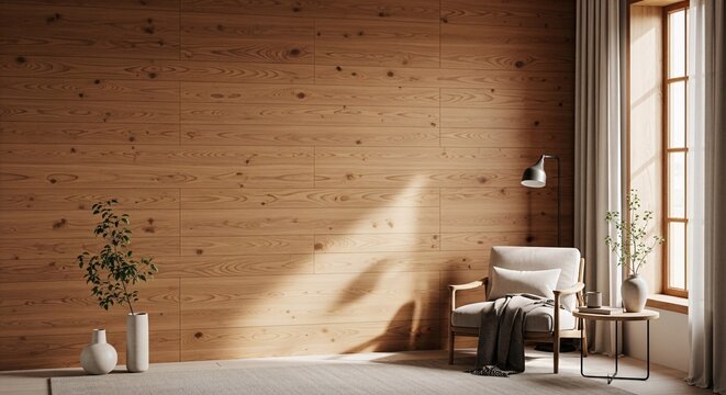 Cozy reading corner with wooden wall and soft sunlight