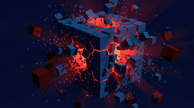 A dynamic 3D render of a geometric cube breaking apart with an intense red glowing core, symbolizing data disruption, power, or innovation.