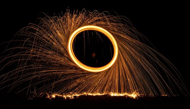 Long exposure shot of fiery light trails spinning into a glowing circle against black backdrop