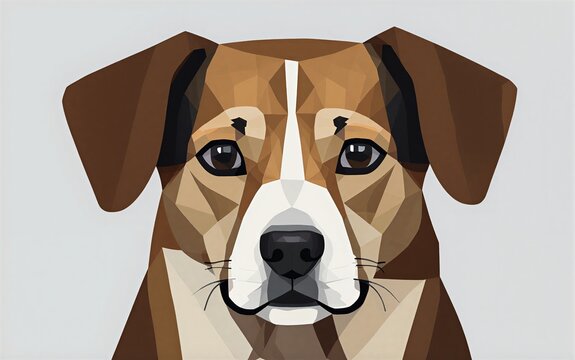 Polygonal dog face, warm brown eyes, soft fur texture, stylized digital art design.