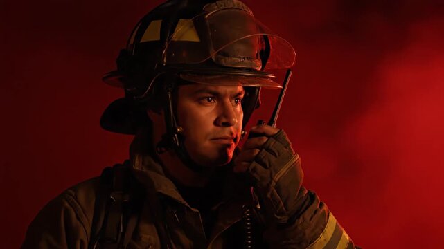 Firefighter Communication - Close up of a firefighter in full gear, including a helmet and protective clothing, communicating using a handheld radio against a red background, possibly at a fire scene.