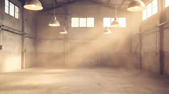 Dusty with sunlit empty industrial warehouse interior with hanging lamps.