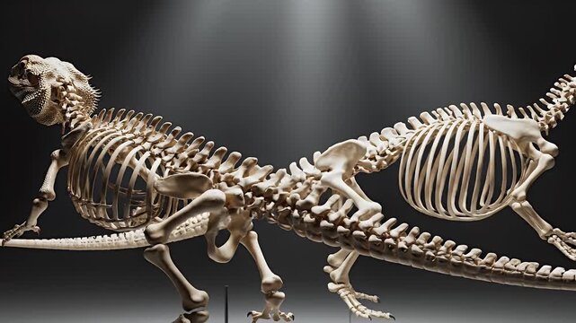Two Dinosaur Skeletons Side by Side in Dramatic Lighting