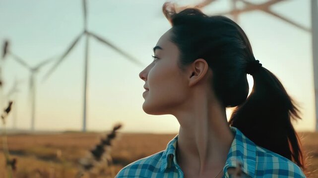 young woman wind farm at sunset smiling with sun flare, wearing plaid shirt and ponytail turbines spin over golden field, warm breeze, hopeful expression suggests renewable energy engineer