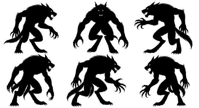 Collection of Werewolf Silhouettes in Various Poses on White Background