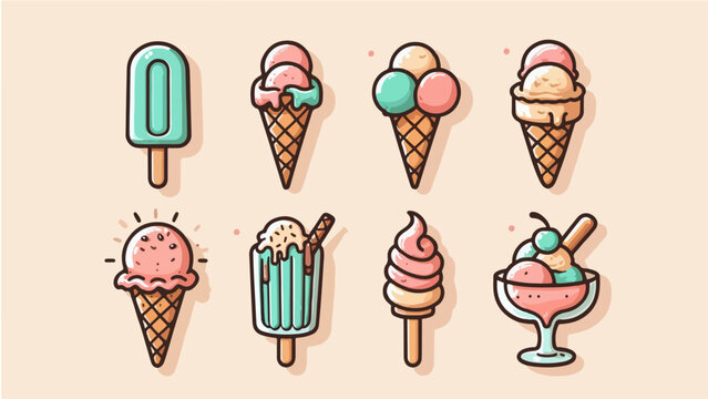 Ice cream collection set with colorful cones and sweet frozen dessert flavors in vector illustration