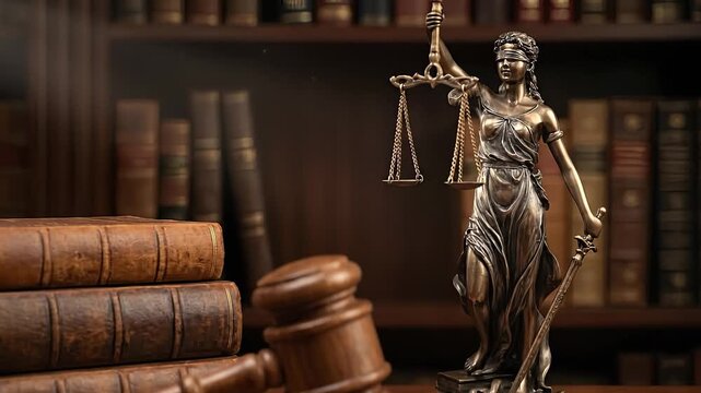 Justices Gavel  Scales Law Books  Lady Justice in Library.