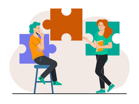 Two characters connecting large jigsaw puzzle pieces to symbolize finding common ground or a solution. Skill building illustration. Flat vector illustration.