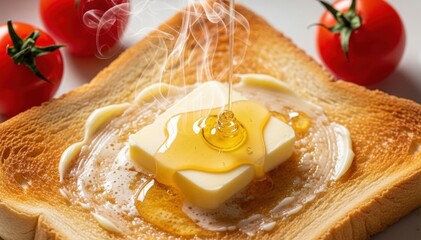 Golden Freshly Toasted Bread with Melted Butter and Drizzling Honey &ndash; Delicious Breakfast Concept