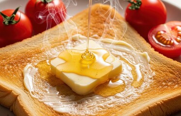 Golden Freshly Toasted Bread with Melted Butter and Drizzling Honey &ndash; Delicious Breakfast Concept