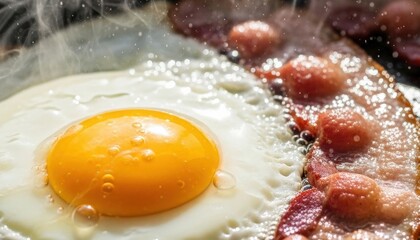 Sizzling Sunny-Side-Up Eggs and Crispy Bacon in a Frying Pan with Rising Steam &ndash; Hot Breakfast Concept