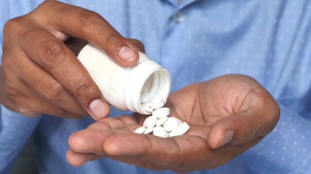 A close up shot of a man in a blue shirt pouring white pills from a white bottle into his hand, showing the dynamic action of medication dispensing and pharmaceutical care