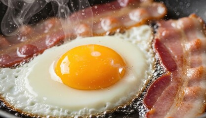 Sizzling Sunny-Side-Up Eggs and Crispy Bacon in a Frying Pan with Rising Steam &ndash; Hot Breakfast Concept	